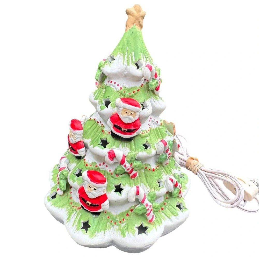Vintage Ceramic Lighted Christmas Tree Santa Teddy Bear Candy Cane Star Cutouts